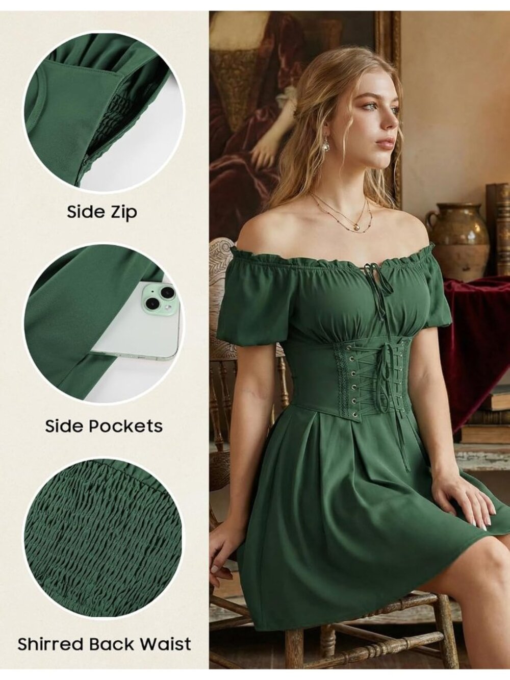 Women's Olive Renaissance Costume Corset Dress Mini Off Shoulder Fairy Dresses - Picture 4 of 6